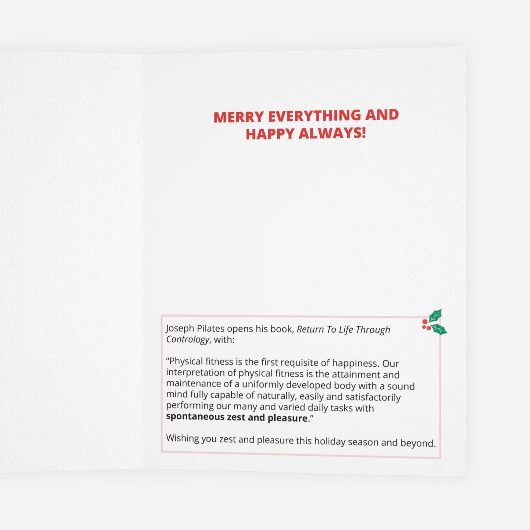 pilates holiday card, Joseph Pilates quote, zest and pleasure