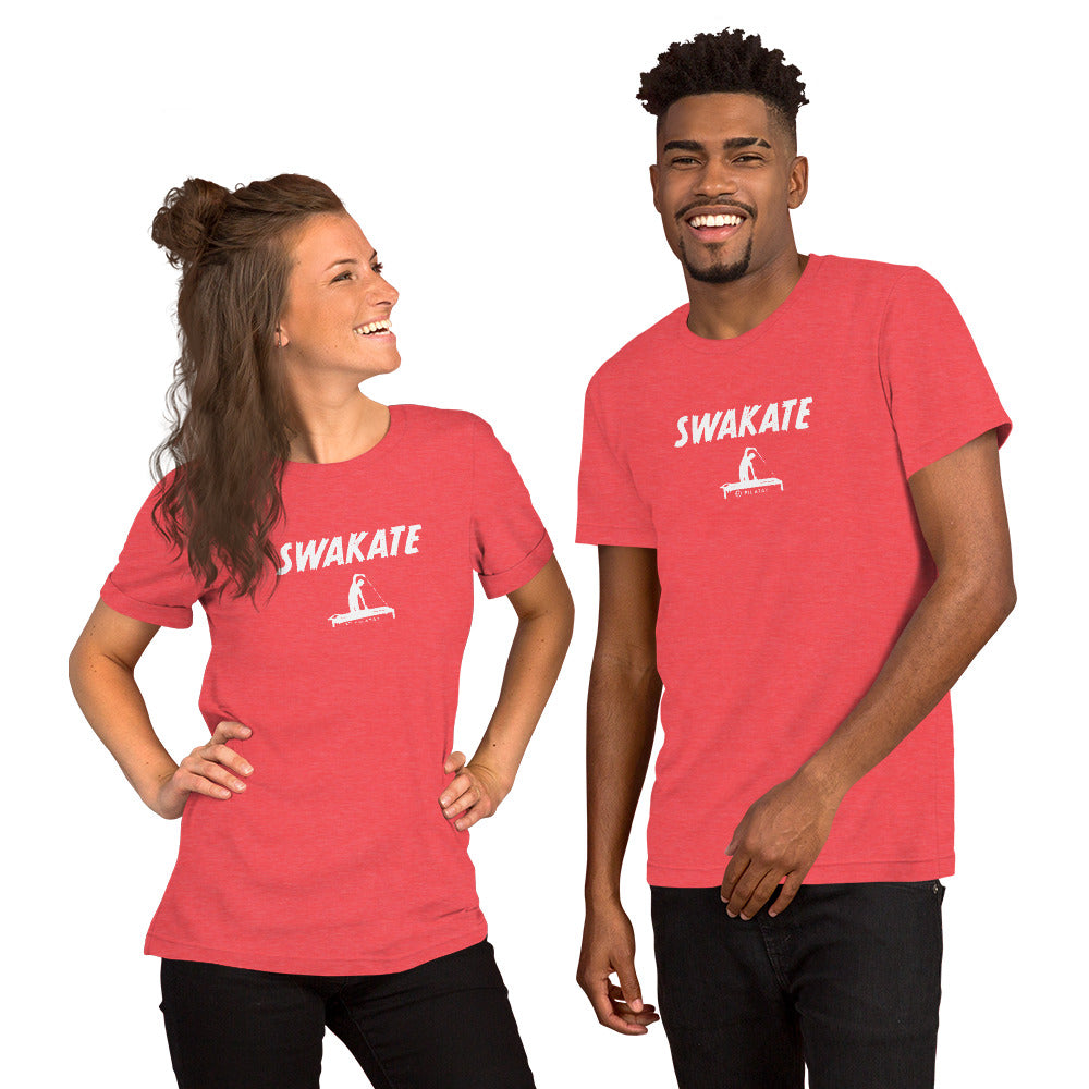 Two people wearing red t-shirts with 'SWAKATE' logo on a white background