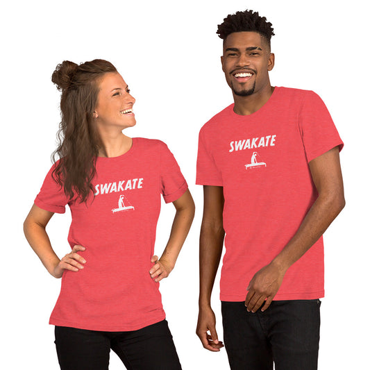 Two people wearing red t-shirts with 'SWAKATE' logo on a white background