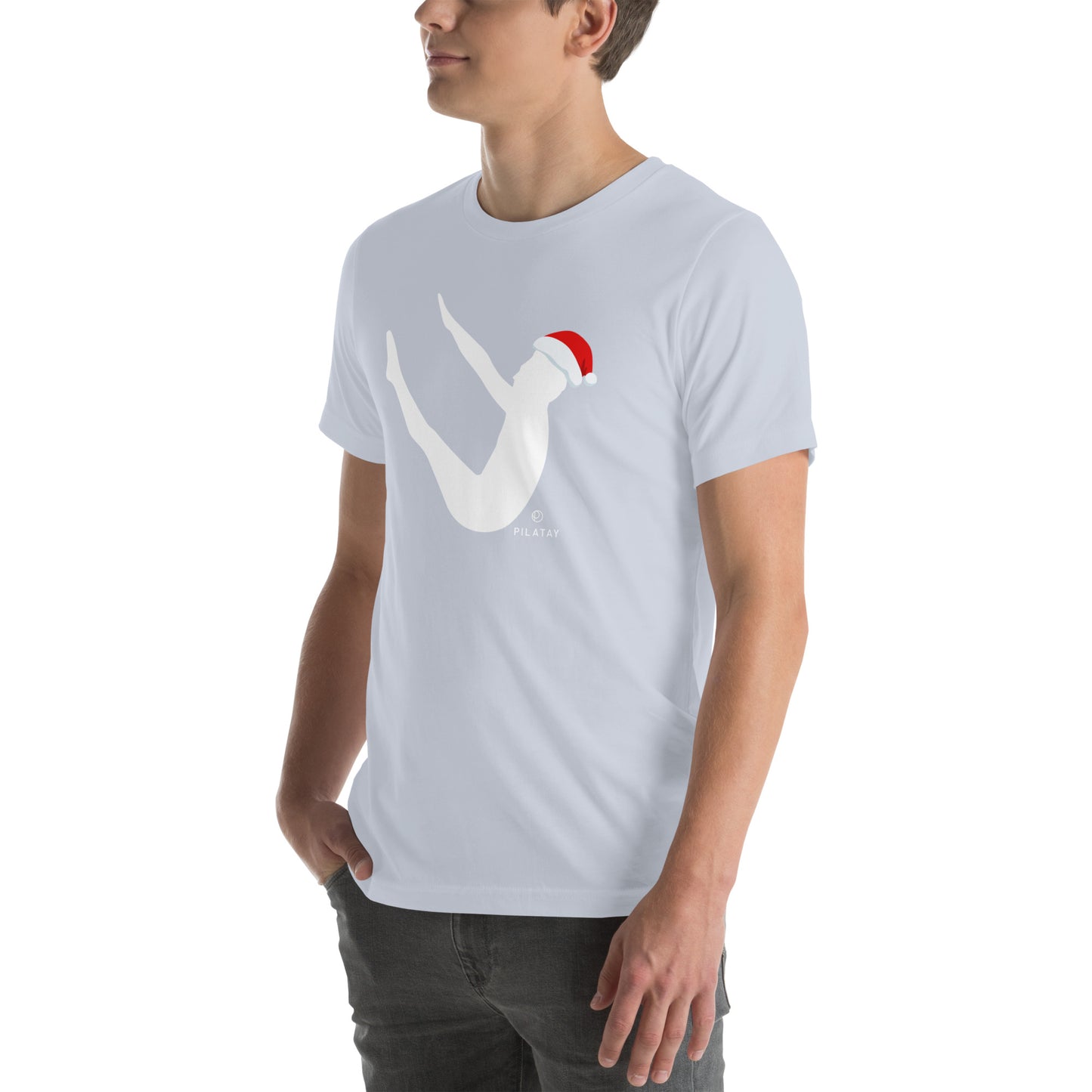 This shirt features a silhouette of Joseph Pilates doing the infamous Pilates Teaser exercise with a Santa hat on. The perfect holiday gift for Pilates teachers, clients, and lovers. Shop a selection of Pilates holiday cards, Pilates holiday shirts, and Pilates Christmas ornaments at Pilatay!