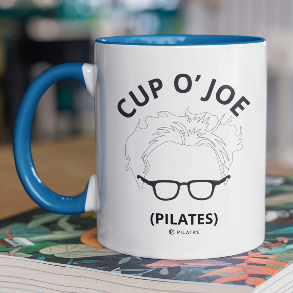 Joseph Pilates Coffee Mug - Gift for Pilates lovers - Gift for Pilates teachers - a coffee mug featuring Joseph Pilates signature hair and glasses and the words cup o joe (pilates)