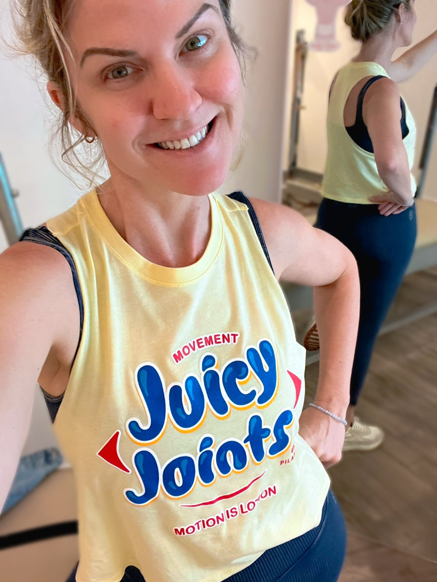 Juicy Joints Pilates Tank - Motion is lotion - Movement heals - Funny Pilates shirts - Workout shirt - Yoga shirts - Personal trainer - physical therapist - shirts for movement professionals - by Pilatay