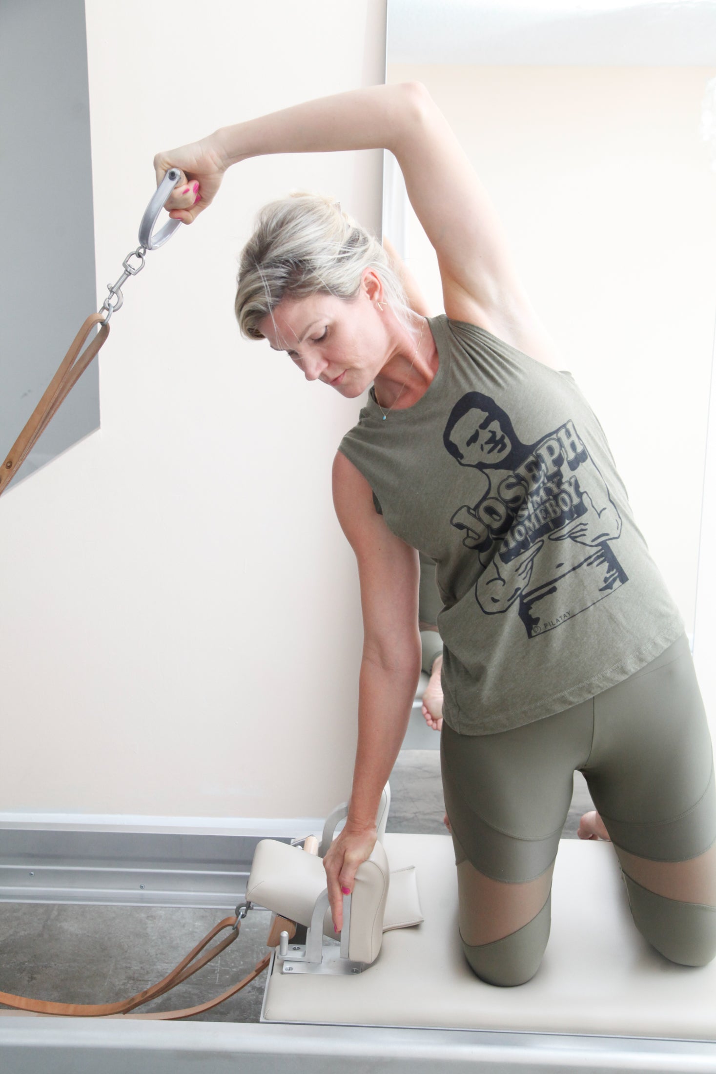 Joseph Pilates Shirt that has a drawing of joseph pilates holding the words Joseph is my homeboy 