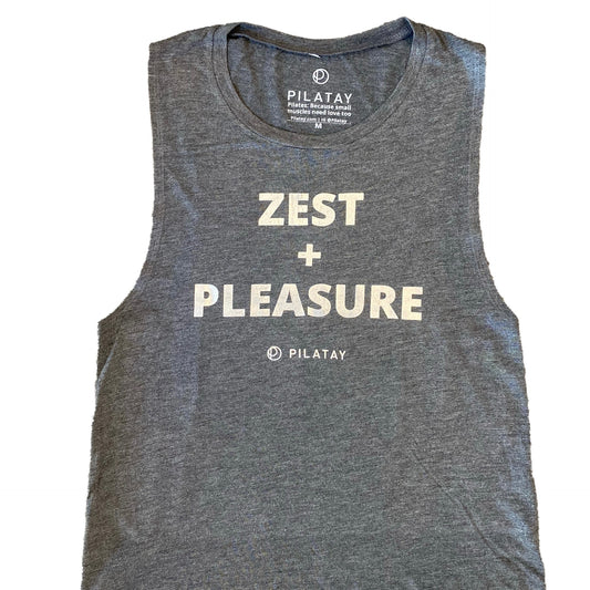 zest and pleasure muscle tank - Joseph Pilates quote - pilates t-shirt - pilates tank top - pilates tanks - Joseph Pilates quotes - pilates shirts and shop - Pilates gifts - pilates store - silver foil tan top - workout shirt  - joseph pilates shirts