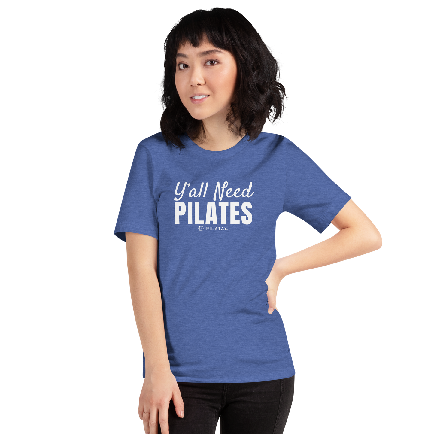 funny pilates shirt reading y'all need pilates in white writing - funny pilates tshirt also available in pink and grey