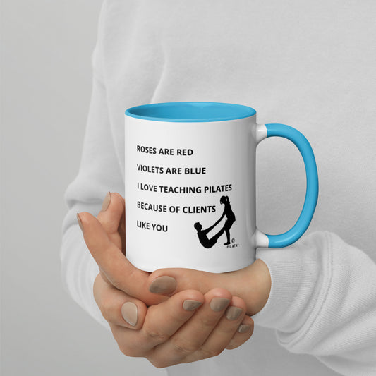 Pilates Coffee Mug - Gifts from Pilates teachers - Roses are red violets are blue I love teaching Pilates because of clients like you - featuring an image of a Pilates teacher assisting a Pilates client with Joseph Pilates teaser exercise