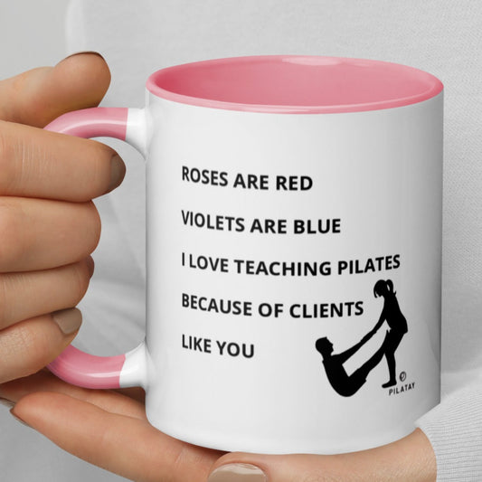 Pilates Coffee Mug - Gifts from Pilates teachers - Roses are red violets are blue I love teaching Pilates because of clients like you - featuring an image of a Pilates teacher assisting a Pilates client with Joseph Pilates teaser exercise